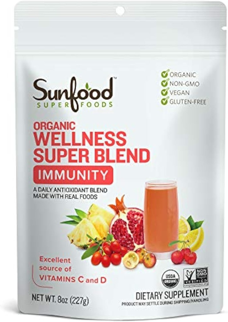 Sunfood Superfood Organic Super Wellness Blend - immunsupportpulver, Antioxidant Superfood Smoothie Mix til kvinder & mænd w / C & D-vitamin, Natural Energy, USDA Organic - 8 oz Bag