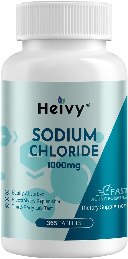Heyvy Natriumchlorid Tablets 1000mg - Pure Salt Tablets, 365 Tablets, Natriumchlorid, Non- GMO - Elektrolyte Balance og Hydration Support, Electrolytes Replenisher Hydration Drink