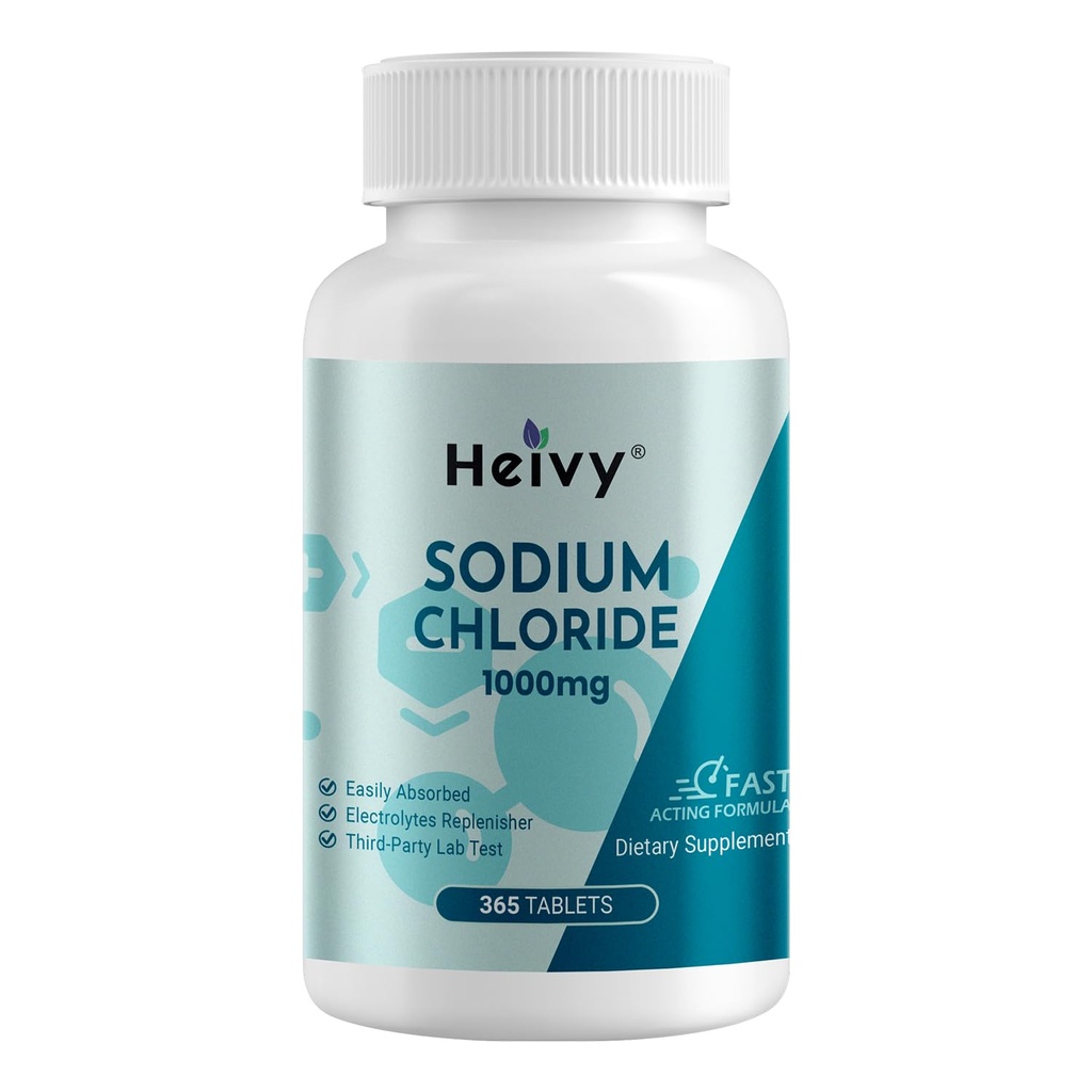 Heyvy Natriumchlorid Tablets 1000mg - Pure Salt Tablets, 365 Tablets, Natriumchlorid, Non- GMO - Elektrolyte Balance og Hydration Support, Electrolytes Replenisher Hydration Drink