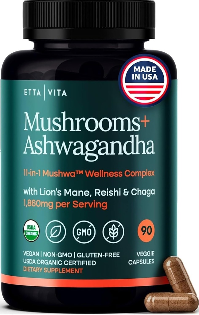 USDA Organic Lions Mane Supplement kapsler med Ashwagandha, Chaga, Reishi, Cordyceps, Tyrkiet Tail (18.600mg / serv) 10x Adaptogen Mushroom Complex som Focus Supplement - Energi, Immunitet & Nootrop