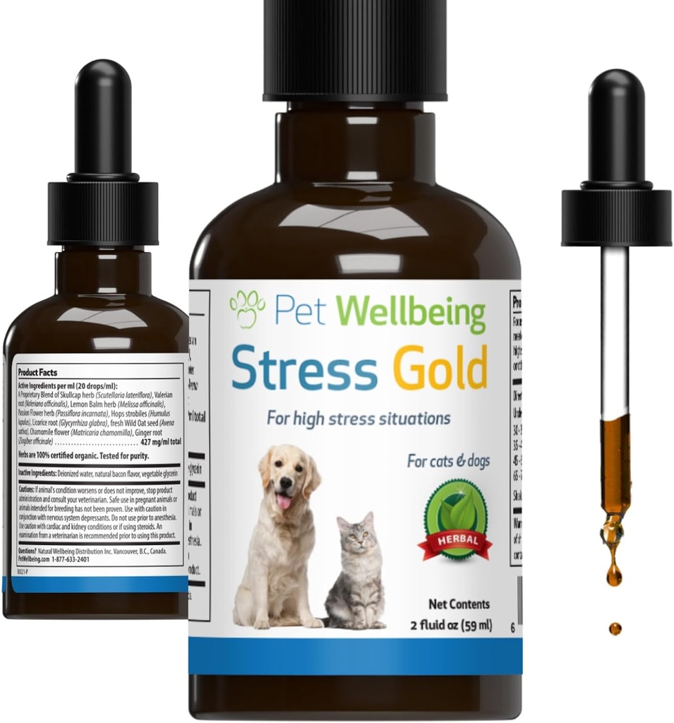 Pet Wellbeing Stress Gold for Cats - Vet- Formuleret Situational Feline Stress Support - Fast- Fungerende Vet Besøg, Rejser, Grooming - Cat- Safe Holistic Herbal Blend - Liquid Support 2 oz (59ml)