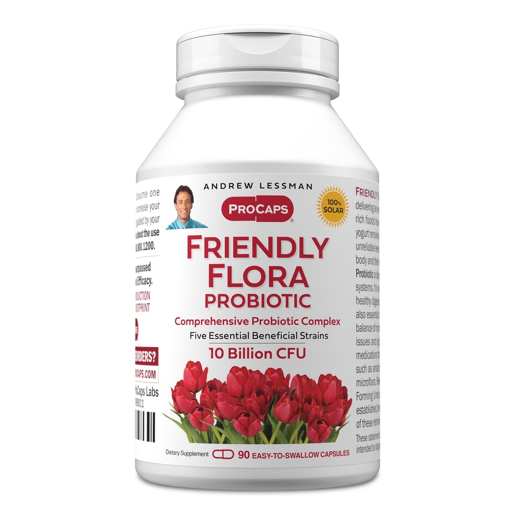 ANDREW LESSMAN Friendly Flora Probiotic 90 Kapsler - 10 milliarder CFU, Omfattende Blend af fem Probiotiske Strops, Kraftig Immun og fordøjelsesstøtte. Probiotika til kvinder eller mænd