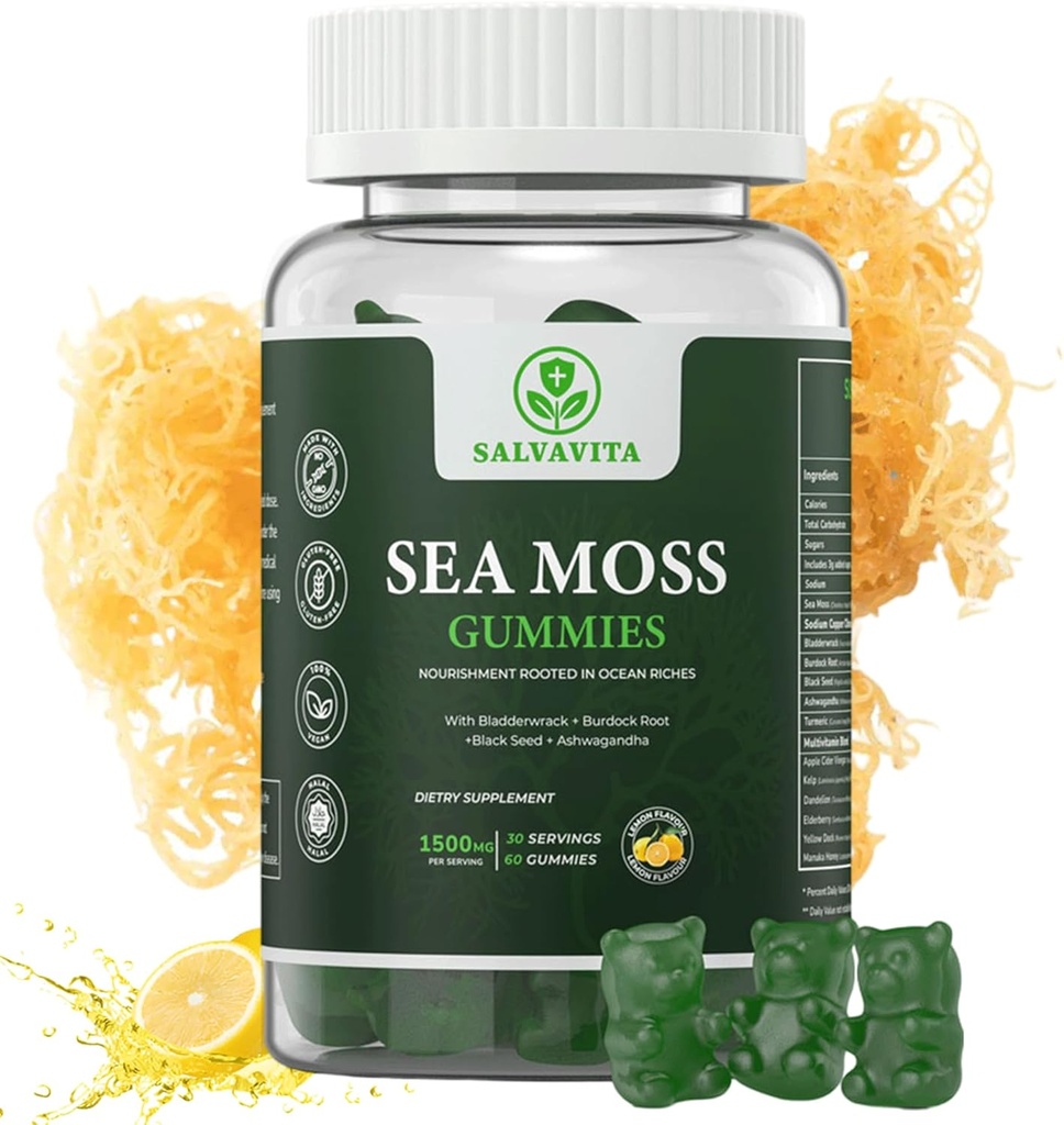 Sea Moss Gummies - Kraftfuld 1500mg Servering Budd124; Infunderes med Bladderwrack, Burdock Root, Black Seed & Ashwagandha Budd124; Organic Sea Moss 124; Lemon Flavor - 60 Gummies