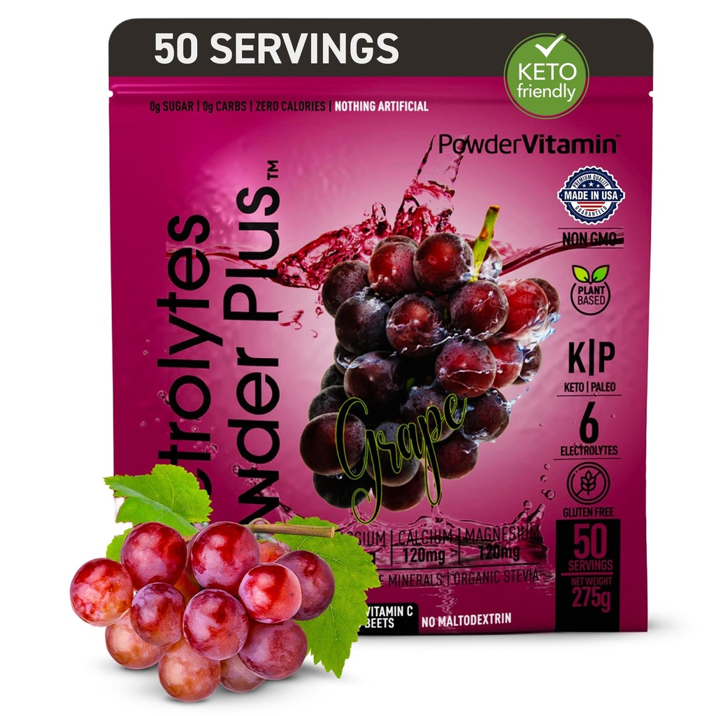 PowderVitamin Electrolytes Powder Plus (50 Servere) Grape Electrolyte Powder Zero Calorie Keto, 0 Sugar, No Maltodextrin, 1000mg Kalium, 120mg Calcium, 120mg Magnesium, Hydrationspulver