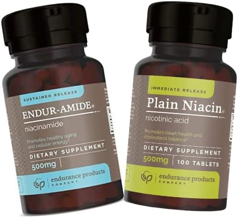 Endurance Products EPC Company NAD + Niacinamid B3, Endur- Amid 500 mg 200 tabletter B3 Plain Niacin - 500mg Umiddelbart frigive vitamin B-3 med flush - Nicotinsyre 100 tabletter
