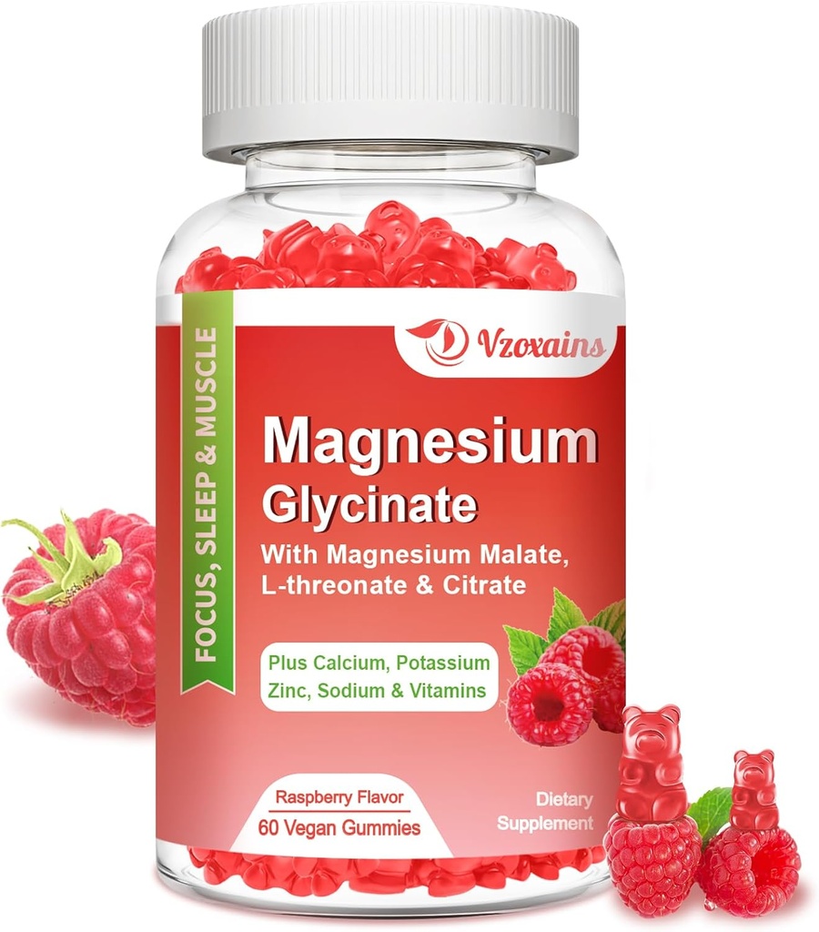 Magnesium Glycinate Gummies 600 mg, Magnesium Gummies for Adults and Kids, Support for Relaxtion and Muscle, 60 Raspberry Flavored Gummies