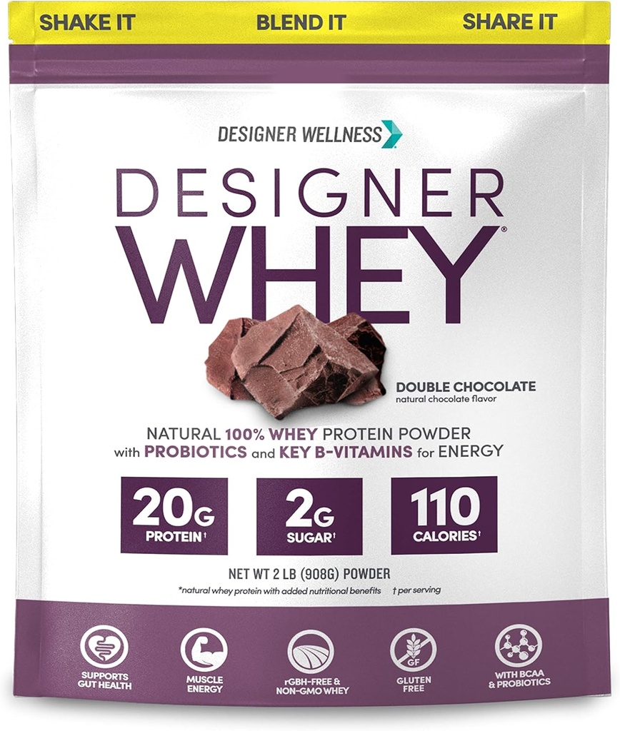 Designer Wellness, Designer Whey, Natural Whey Protein Powder med Probiotika, Fiber, og Key B- Vitaminer til energi, Gluten- Free & Kosher, Dobbelt chokolade, 2 LB