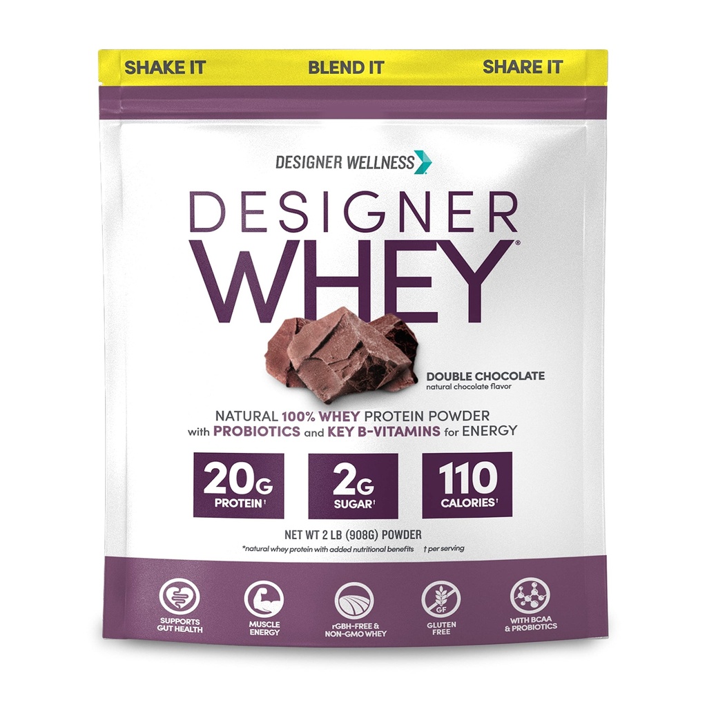 Designer Wellness, Designer Whey, Natural Whey Protein Powder med Probiotika, Fiber, og Key B- Vitaminer til energi, Gluten- Free & Kosher, Dobbelt chokolade, 2 LB