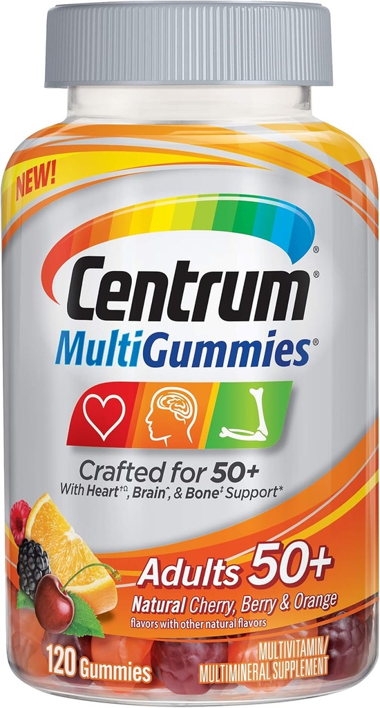 Centrum MultiGummies Adults (120 Count, Natural Cherry, Berry, Orange Flavor) Multivitamin/Multimineral Supplement Gummies, Vitamins B12, D, E, Age 50+