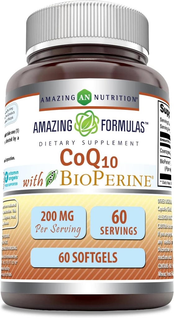 Amazing Formulas CoQ10 med Bioperine Supplement Note 124; 200 Mg pr Serving Note 124; 60 Softgels Note 124; Non- GMO Note 124; Gluten- Free Note 124; Made in USA
