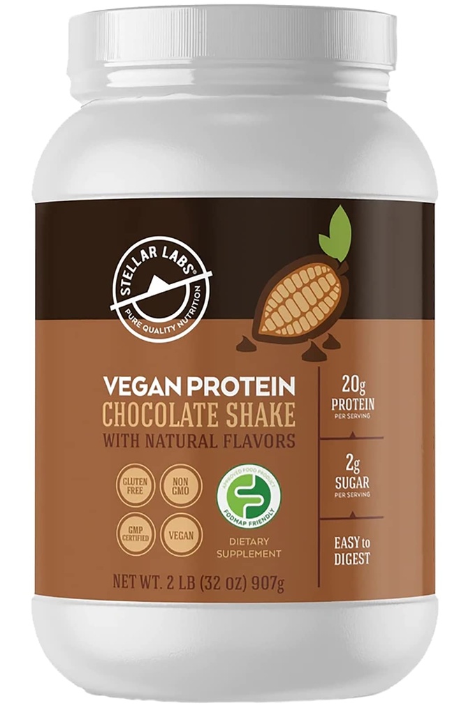 Stellar Labs Vegan Protein Powder with BCAA 's & Antioxidants Б124; Certified Low FODMAP, Non GMO, Gluten Free, Soy Free, Low Carb, with Stevia Б124; Lean Plant Based Protein Powder Shakes Б124; Chocolate