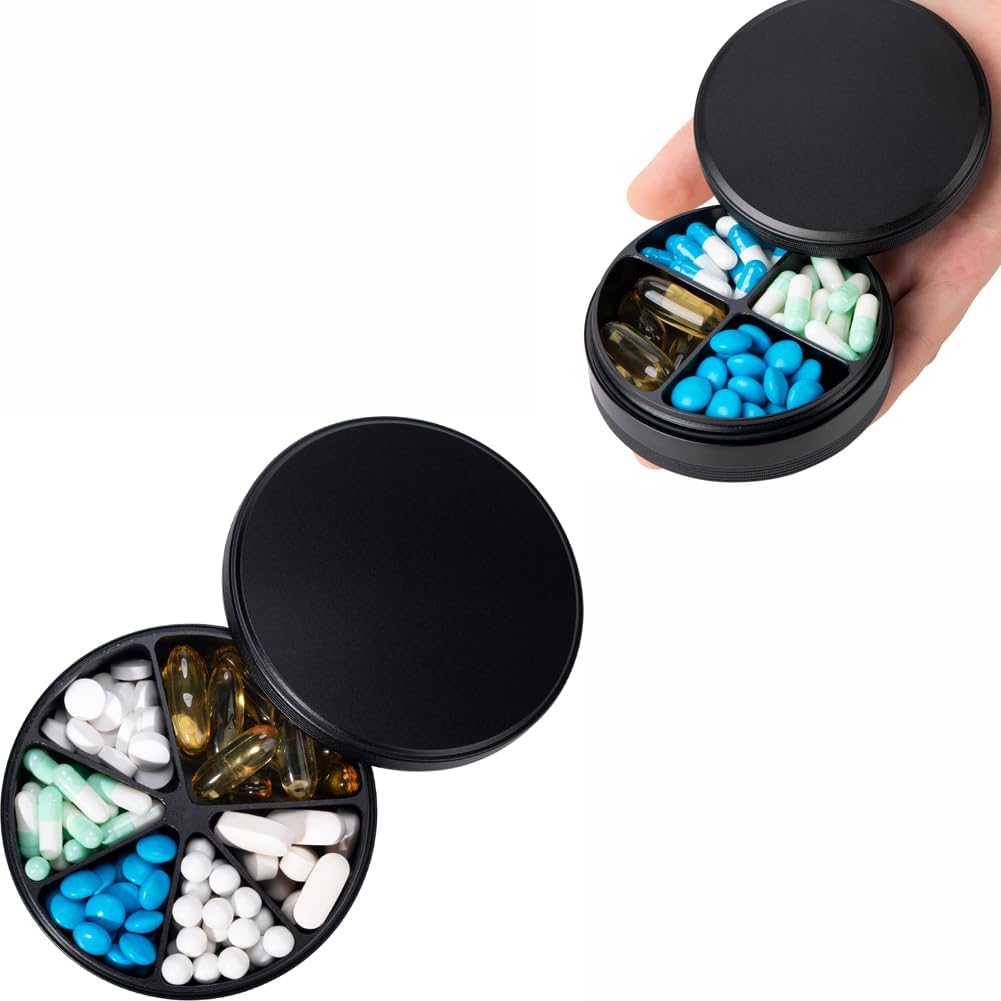 6 Segment Pill Organizer & 4 Segment Pill Box - Vandtæt Metal Pill Organizer, Aluminium Alloy Round Daily Medicine Container for Vitamin, Medicin, Supplement, Fish Oil