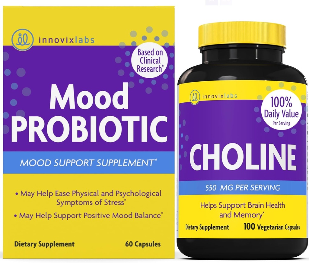 InnovixLabs Cholin & Mood Probiotic Bundle Cholin Bitartrate 550mg (100 kapsler) Mood Probiotic (60 kapsler). Understøtter hukommelse, mood, hjerne sundhed & boost kognitiv. *