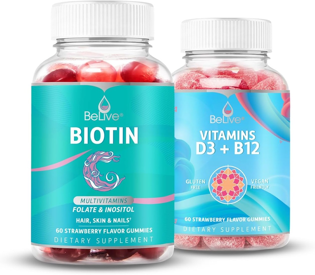 BeLive biotin og multivitamin D3 & B12 Bundle for hårvækst, sund hud & negle, forbedret ben & muskel styrke, jord sundhed og energi