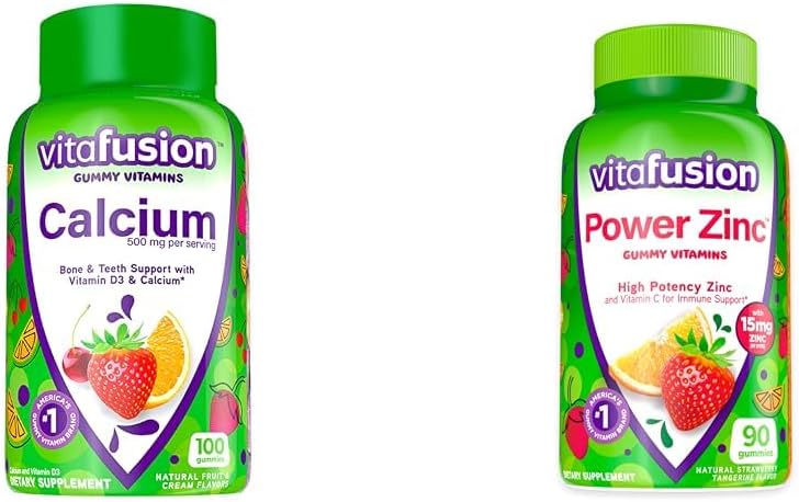 Vitafusion Calcium Gummy Vitaminer til Knoglestøtte, 100 Grev & Power Zink Gummy Vitaminer til immunforsvar, 90 Greve