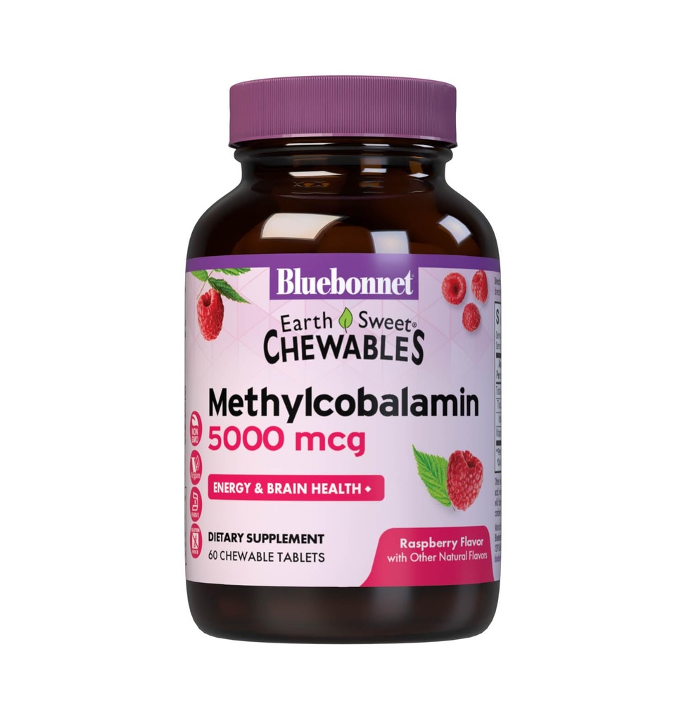Bluebonnet Nutrition EarthSweet Methylcobalamin 5000 mcg Active Coenzym Form of Vitamin B12 Understøtter Energy Boost & Metabolisme - Vegan, Gluten- Free - Raspberry Flavor - 60 tyggetabletter
