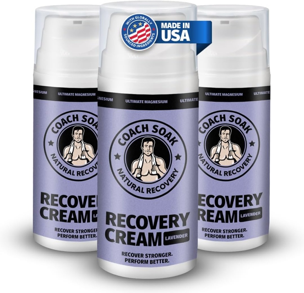 Coach Soak Tematisk Magnesium Lotion med MSM - Natural Recovery Cream med Magnesiumchlorid, C-vitamin & menthol, Rapid Absorption & Afslapning for Sore Muskler, Lavender (3 Pack, Total 10oz)