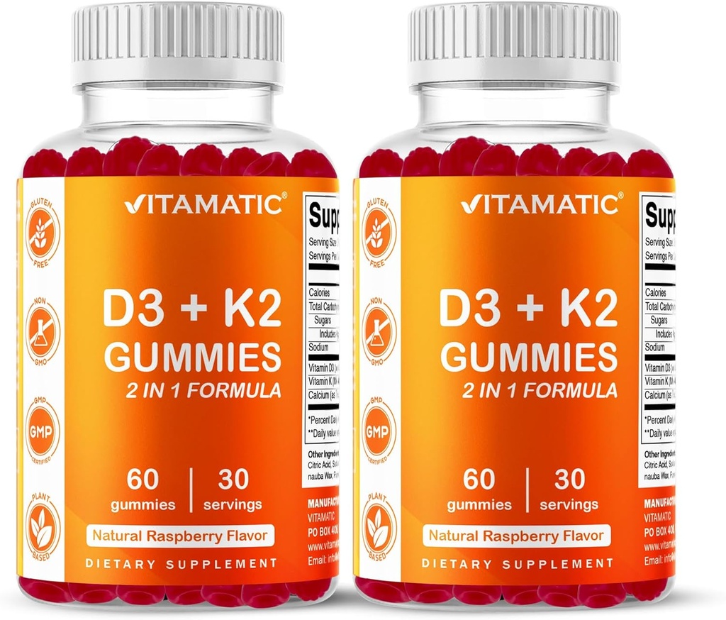 Vitamin D3 & K2 Gummies (2-Pack, 60 Greve) understøtter sunde knogler, hjerte sundhed, Calcium Absorption, og immunfunktion Plantbaseret, ikke-GMO, Glutenfri