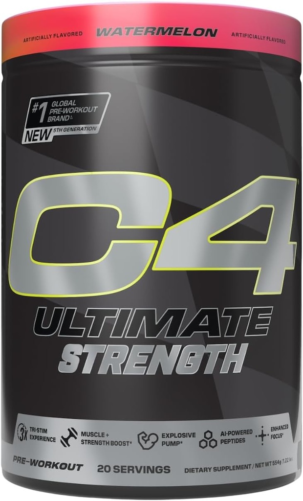 Cellucor C4 Ultimate Strength Pre Workout Powder - Tri- Stim Experience 300mg Koffein + TeaCrine + Dynamin - Creatin & Beta- Alanine - Energy Supplement for mænd og kvinder - Watermelon, 20 Servere