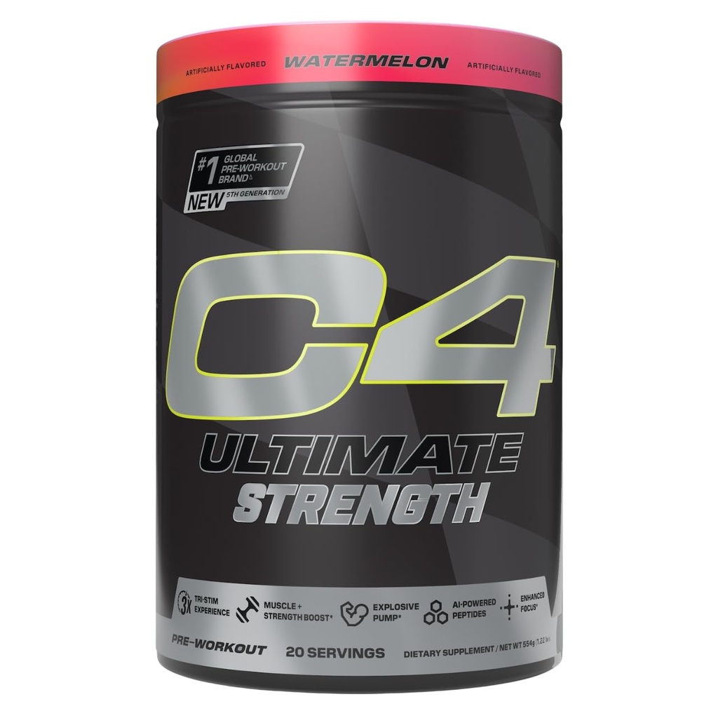 Cellucor C4 Ultimate Strength Pre Workout Powder - Tri- Stim Experience 300mg Koffein + TeaCrine + Dynamin - Creatin & Beta- Alanine - Energy Supplement for mænd og kvinder - Watermelon, 20 Servere