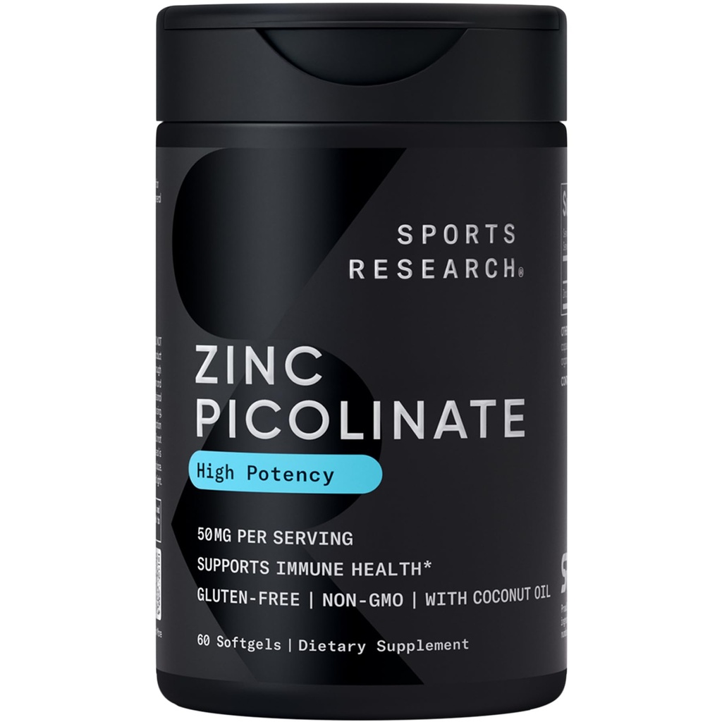 Sports Research Zink Picolinate 50mg med Organic Coconut Oil against 124; Meget Absorberet Zink supplement til sund immunfunktion - Non-GMO Verified, Gluten & Soy Free (60 flydende bløddele)