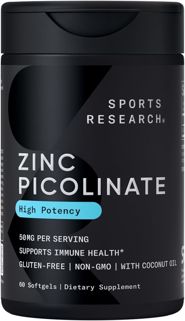 Sports Research Zink Picolinate 50mg med Organic Coconut Oil against 124; Meget Absorberet Zink supplement til sund immunfunktion - Non-GMO Verified, Gluten & Soy Free (60 flydende bløddele)