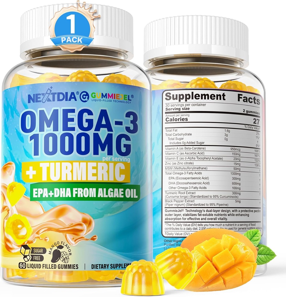 Vegan Omega-3 Gummies 1000mg + gurkemeje - Omega 3 Fiskeolie Alternativ for voksne - Alger DHA 600mg & EPA 300mg, Vitamin A, C, E, Zink & MSM, Sukker Free, 60 Cts