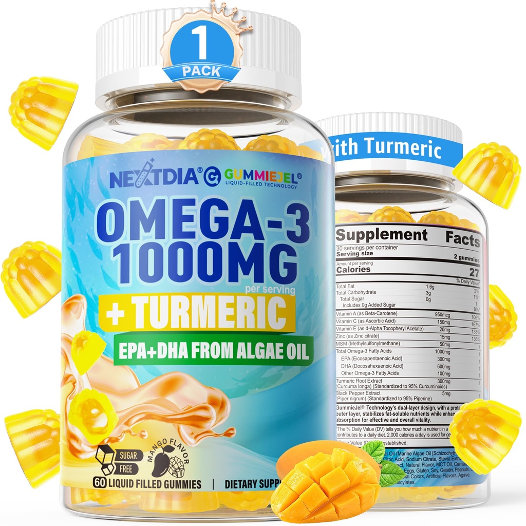 Vegan Omega-3 Gummies 1000mg + gurkemeje - Omega 3 Fiskeolie Alternativ for voksne - Alger DHA 600mg & EPA 300mg, Vitamin A, C, E, Zink & MSM, Sukker Free, 60 Cts