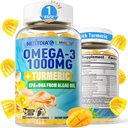 Vegan Omega-3 Gummies 1000mg + gurkemeje - Omega 3 Fiskeolie Alternativ for voksne - Alger DHA 600mg & EPA 300mg, Vitamin A, C, E, Zink & MSM, Sukker Free, 60 Cts