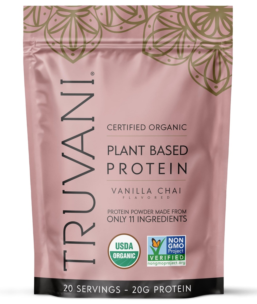 Truvani Vegan Pea Protein Powder • 124; Vanilla Chai • 124; 20g Organic Plant Based Protein • 124; 20 Servering • 124; Keto • 124; Gluten & Dairy Free • 124; Lav Carb • 124; Ingen tilsat sukker