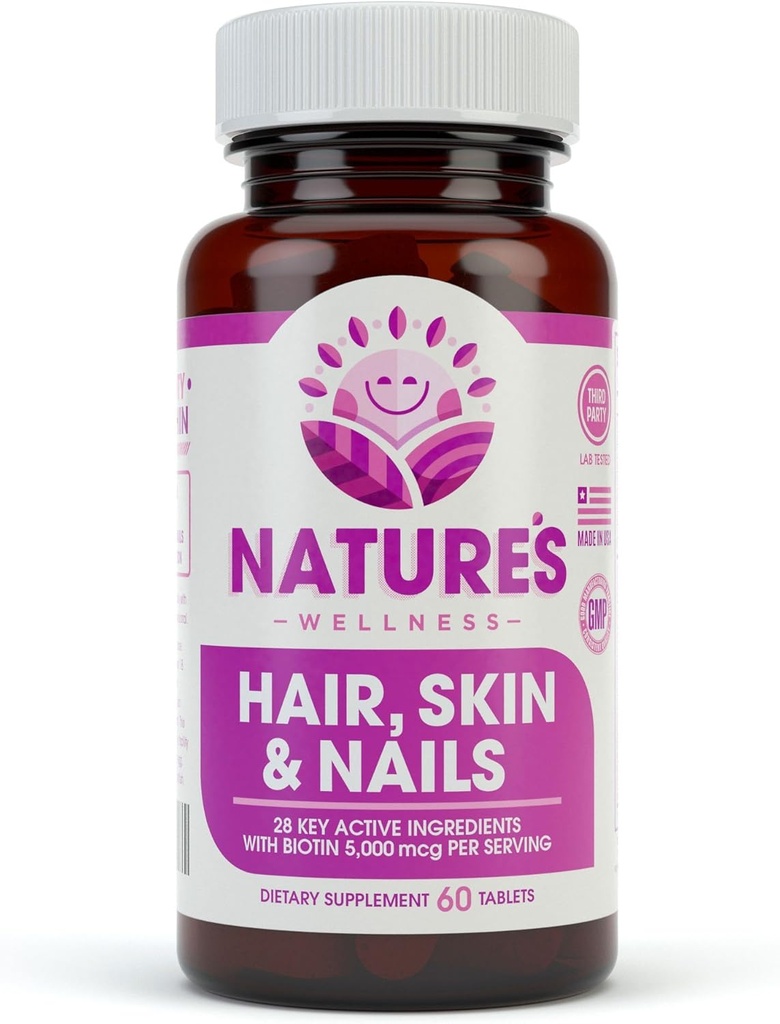 Natures Wellness Hår, Hud & Nails Essential Nourishing Supplement, 60- Grev Mexmcg Biotin + Vitaminer A, C og E, B Complex Vitaminer, og Advanced Nutrients per Capsule Mex124; 100% All- Natural