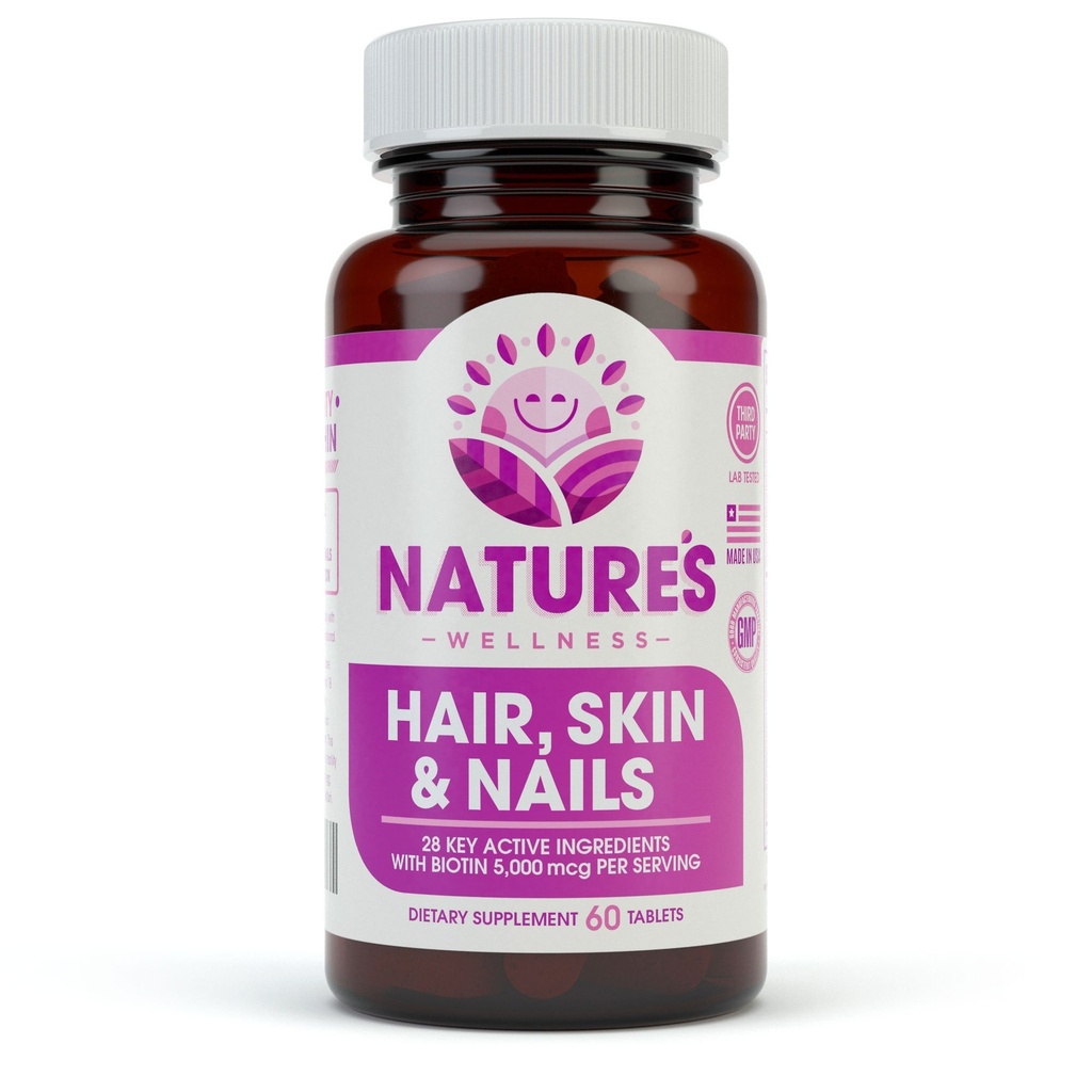 Natures Wellness Hår, Hud & Nails Essential Nourishing Supplement, 60- Grev Mexmcg Biotin + Vitaminer A, C og E, B Complex Vitaminer, og Advanced Nutrients per Capsule Mex124; 100% All- Natural