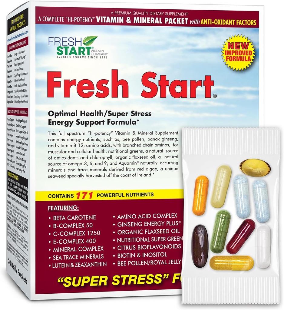 Fresh Start Complete Daily Vitamin Pack Buddy 124; Energy Booster & Stress Support Buddy 124; Vitamin A, B, C, D, E, B12, Mineraler, Aminosyrer, Omega- 3- 6- 9, Panax Ginseng, Super Greens (30 Pakets)