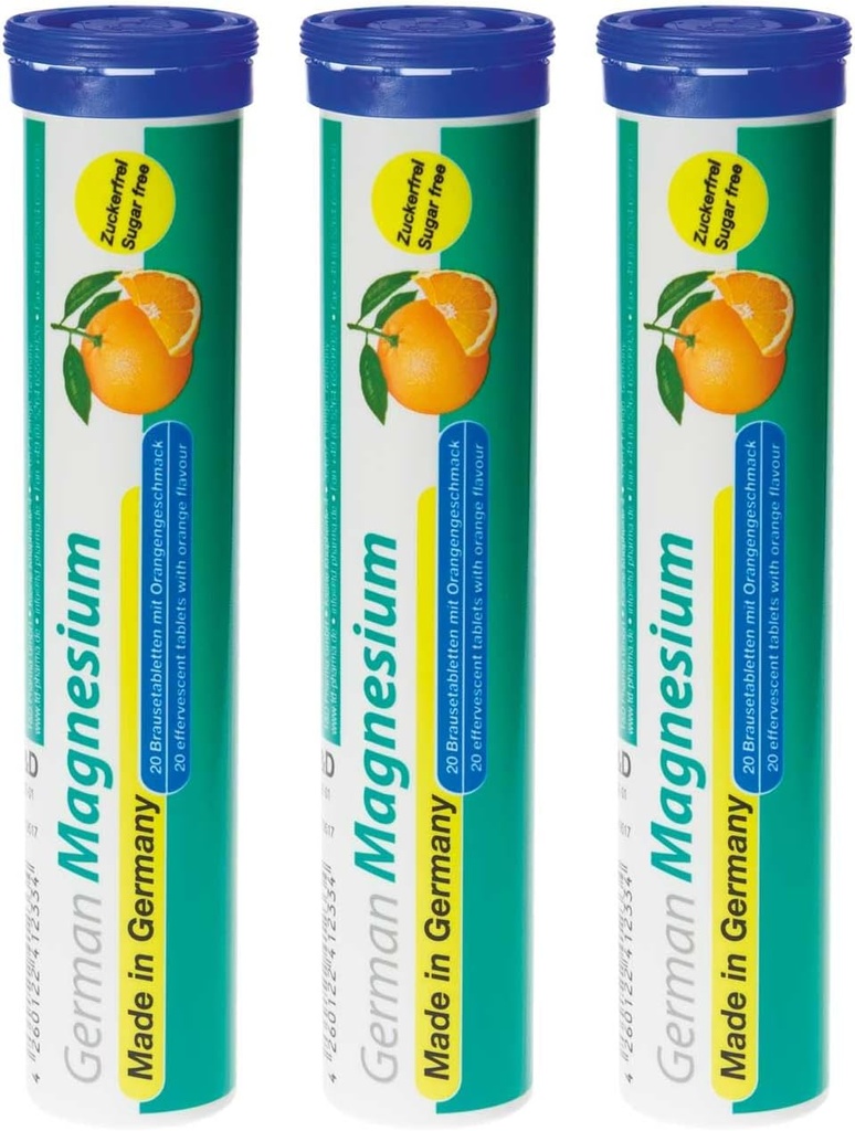 Tysk Magnesium oxide tillæg Note 124; Effervescent tabletter Note 124; Orange Flavor - 200 mg Magnesium per servering Note 124; Sukker fri, Vegan - T & D Pharma - Made in Germany