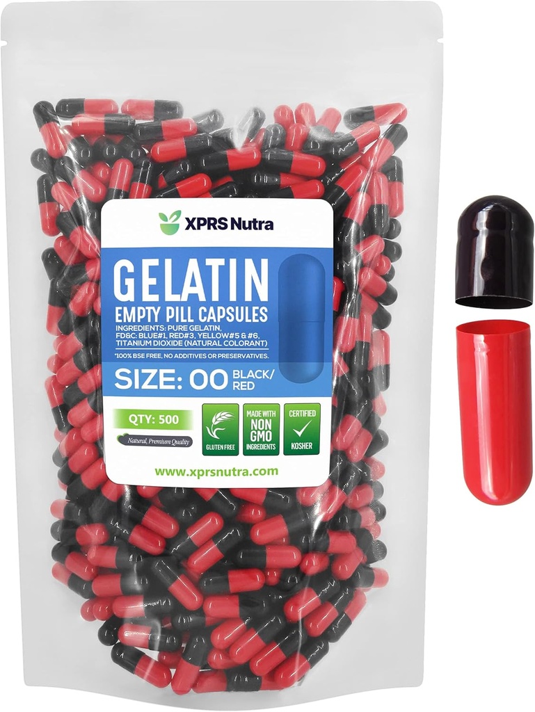XPRS Nutra Størrelse 00 Tomme kapsler - 500 Tomme Gelatine kapsler - Piller gør det - Kapselfyld - Fyldbar Pil Gel Caps til Do- It- Yourself Kosttilskud (sort / rød)