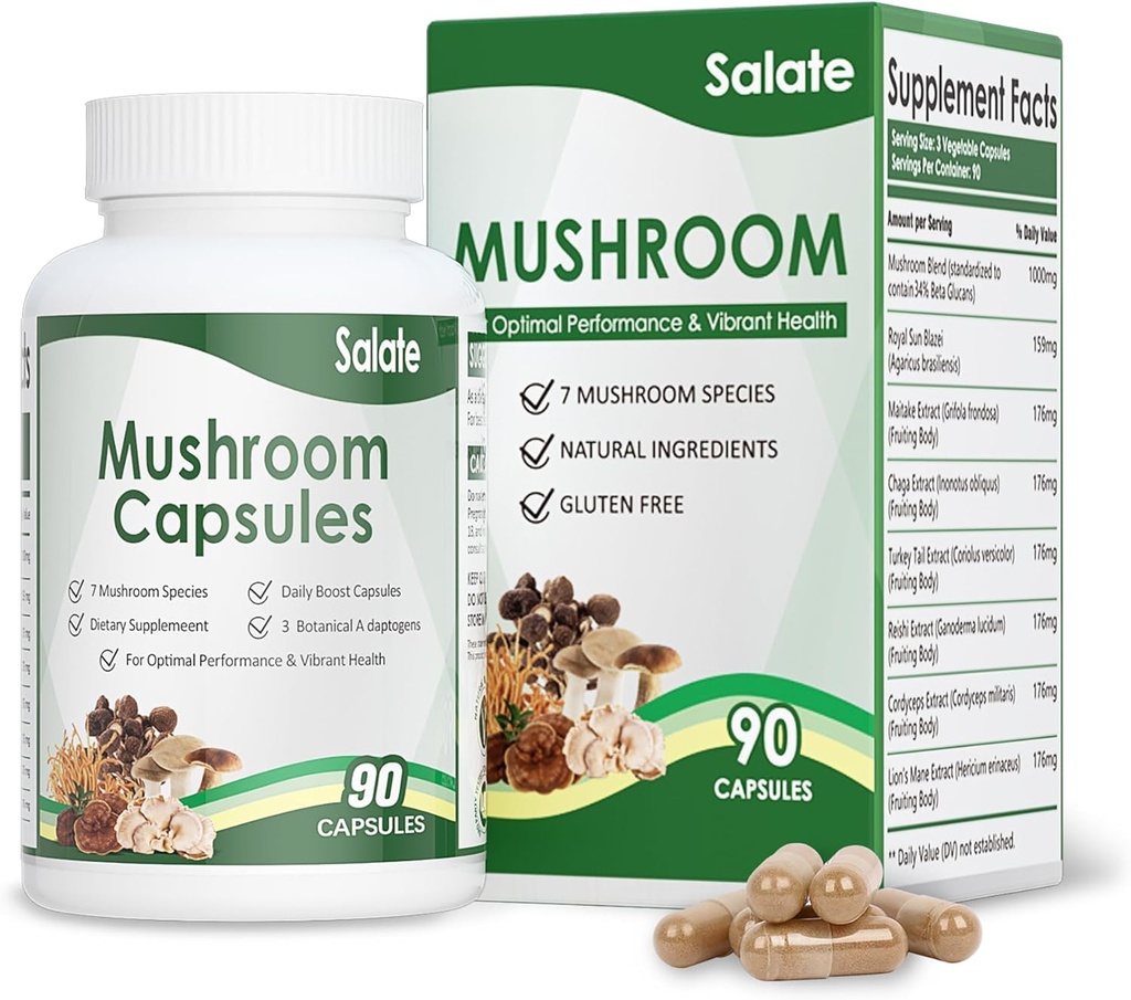 Salate Lions Mane Supplement Organic Mushroom Extract for Memory and Focus, Immunsupport Brain Capsules, 100% Fruit Body Extracts, No Mycelium Vegan Mushroom Supplement (90 Caps)