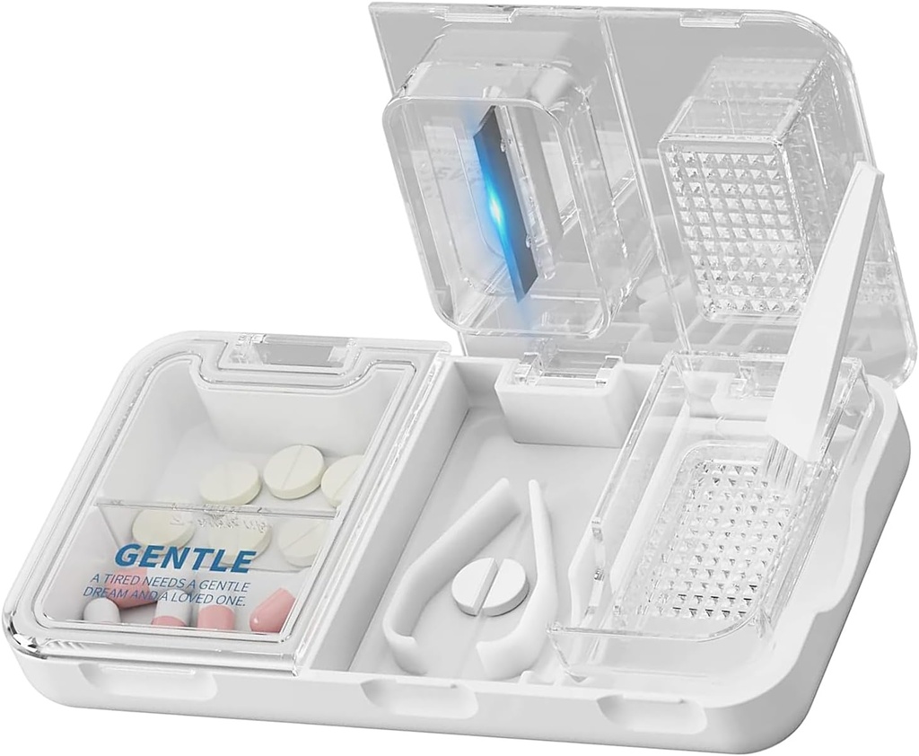 CFMOUR 3- in-1 Pill Cutter Splitter til små og små piller, Crusher, Grinder til store, daglig brug, Sikker Cut Pills, Vitaminer, Tablets, Nøjagtig og nem skæring, Rejser Sized, Hvid