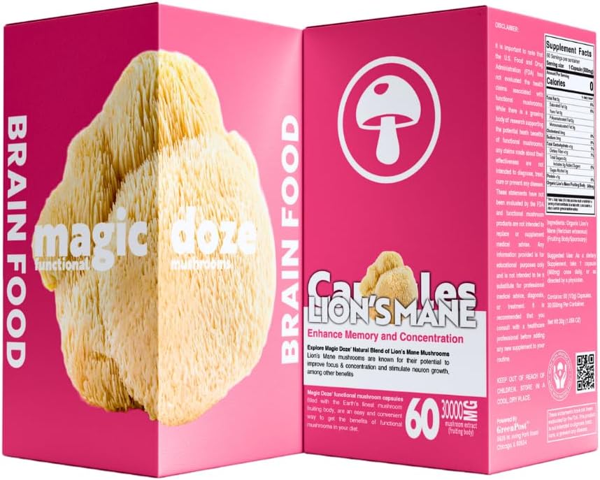 Magic Doze ™ Lions Mane Mushroom Capsules - 100% Fruiting Body for Focus, Memory & Brain Health - 500mg per Capsule, 60 Vegan Capsules