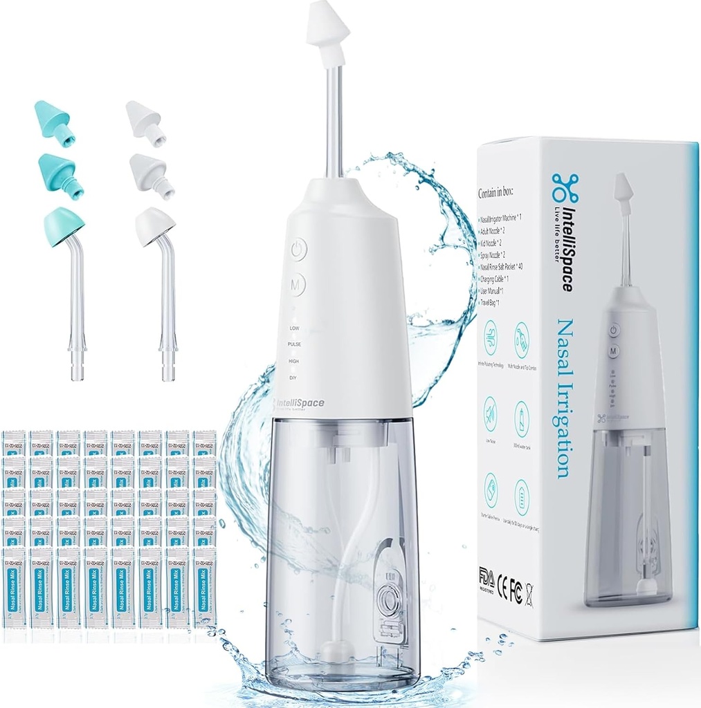 Nasal kunstvanding System Portable Cordless Nasal Rinse Machine til Sinus Allergy Relief Nasal Care - Elektrisk Neti Pot til Nasal kunstvanding - Sinus Rinse Kit med 6 dyser 40 saltpakninger