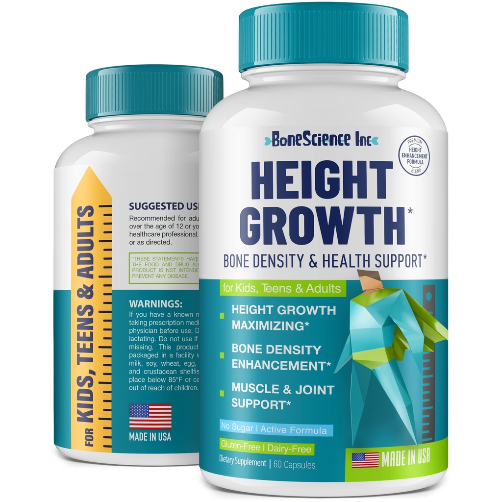 Højde Vækst Maximizer - Lavet i USA - Naturlig Højde Stigning Booster & Bone Vækstpiller - Vokse højere supplement til voksne, Teens & Kids - Vitaminer til drenge og piger at få højere