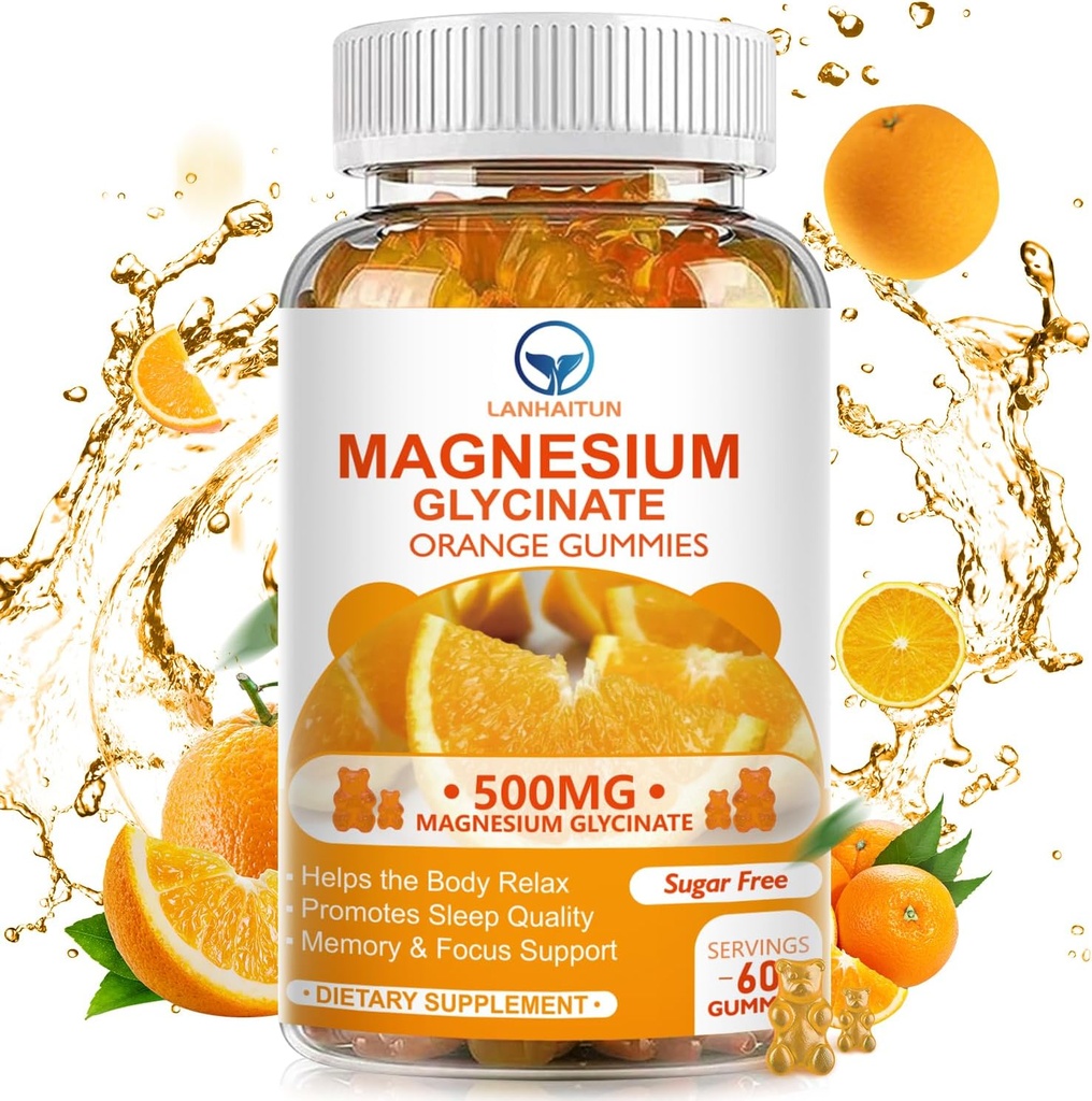 Magnesium Glycinat 500 mg Gummies med 100 mg Magnesium L- Threonat til voksne børn, Magnesium Gummies Sugar Free Magnesium Kalium Supplement med vitamin D, B6, CoQ10 (60 Pack, Orange)