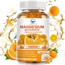 Magnesium Glycinat 500 mg Gummies med 100 mg Magnesium L- Threonat til voksne børn, Magnesium Gummies Sugar Free Magnesium Kalium Supplement med vitamin D, B6, CoQ10 (60 Pack, Orange)