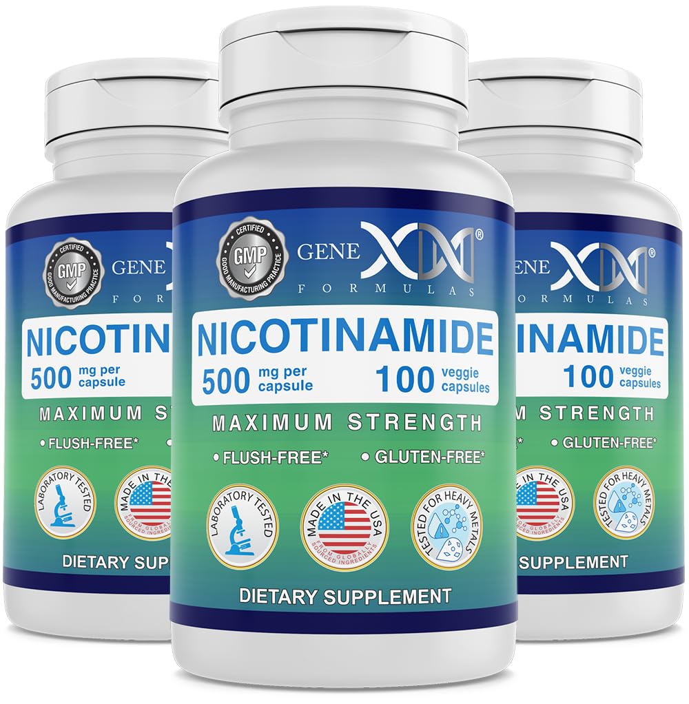 Genex Formulas Nicotinamid 500mg (3- Pack) Vitamin B3 Flush Free Niacin kapsler til sund hud - Niacinamid supplement piller hjælpe Produce Keratin & Support Skin Cell Health & Energy (300 kapsler)