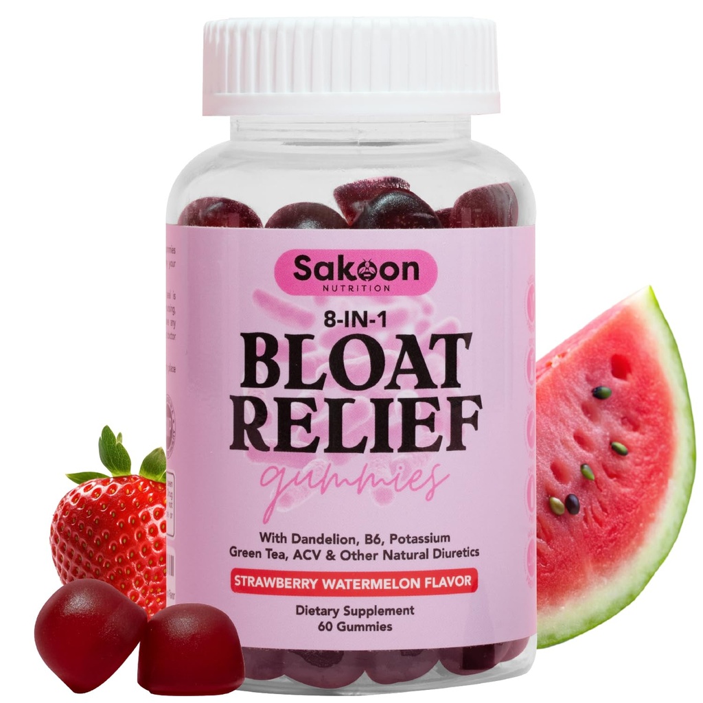 Sakoon ernæring Bloating Relief Gummies for Women - Grøn te, ACV, Mælkebøtte, Buchu Leaf, Naturlig fordøjelse Support, 60 Gummies, Watermelon Flavor