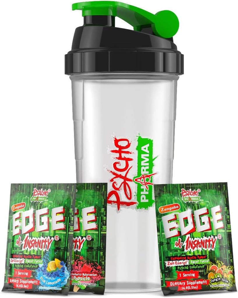 Psycho Pharma Edge of Insanity Pre Workout - Stærkest højt stim pulver til Intense Pumper, Styrke, Energi & Focus - 3 Sample Flavors + Free Shaker Cup (Jungle Juice, Blå Lemonade, Strawberry)