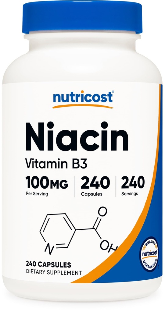 Nutricost Niacin (vitamin B3) 100mg, 240 kapsler - med flushing, Non- GMO, Gluten Free