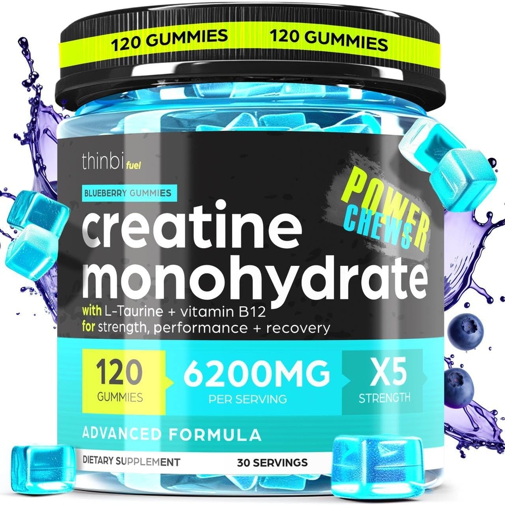 Creatine monohydrat Gummies Complex 6200mg for mænd og kvinder - 120 Gummies Advanced Formel W / L- Taurine + vitamin B12 for muskel styrke, muskel builder, energi boost, præ-workout supplement - Thinbi