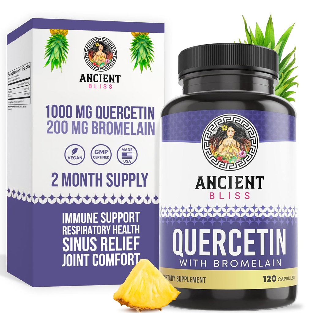 Ancient Bliss Quercetin med Bromelain < 124; Quercetin 1000mg Bromelain 200mg per servering < 124; Understøtter immunsystemet, fælles sundhed, respiratorisk sundhed & generelt velvære - 120 kapsler