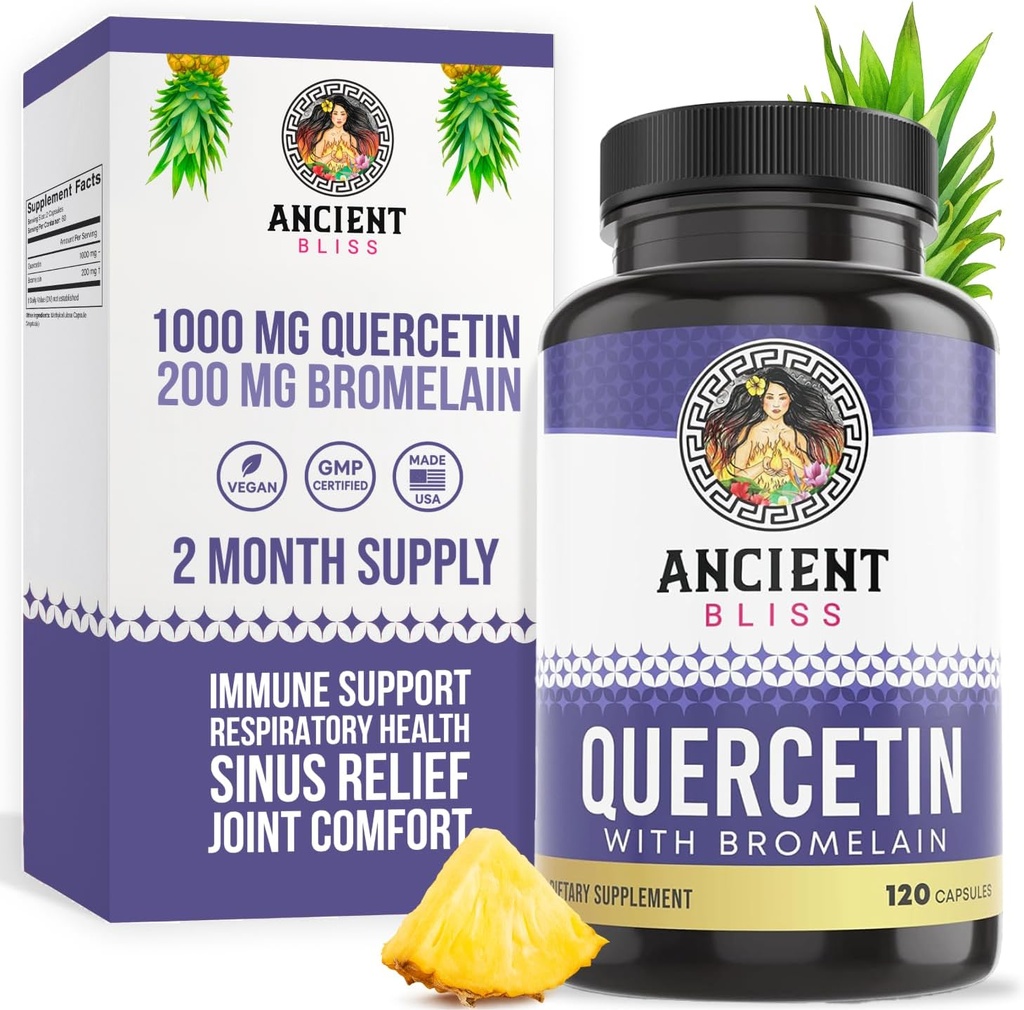 Ancient Bliss Quercetin with Bromelain | Quercetin 1000mg Bromelain 200mg per Serving | Supports Immune System, Joint Health, Respiratory Health & Overall Well-Being – 120 Capsules