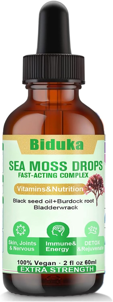 Irish Sea Moss Drops Black Seeds Oil, Bladderwrack, Burdock Root, C-vitamin og zink, Multimineral Drops Seamoss supplement til immunforsvar, fælles, fordøjelse, Aging support